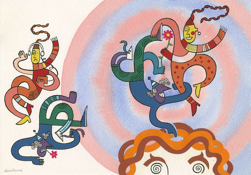 Dancing Multicoloured Men with Cone Hat I art print by Elena Cannas for $57.95 CAD