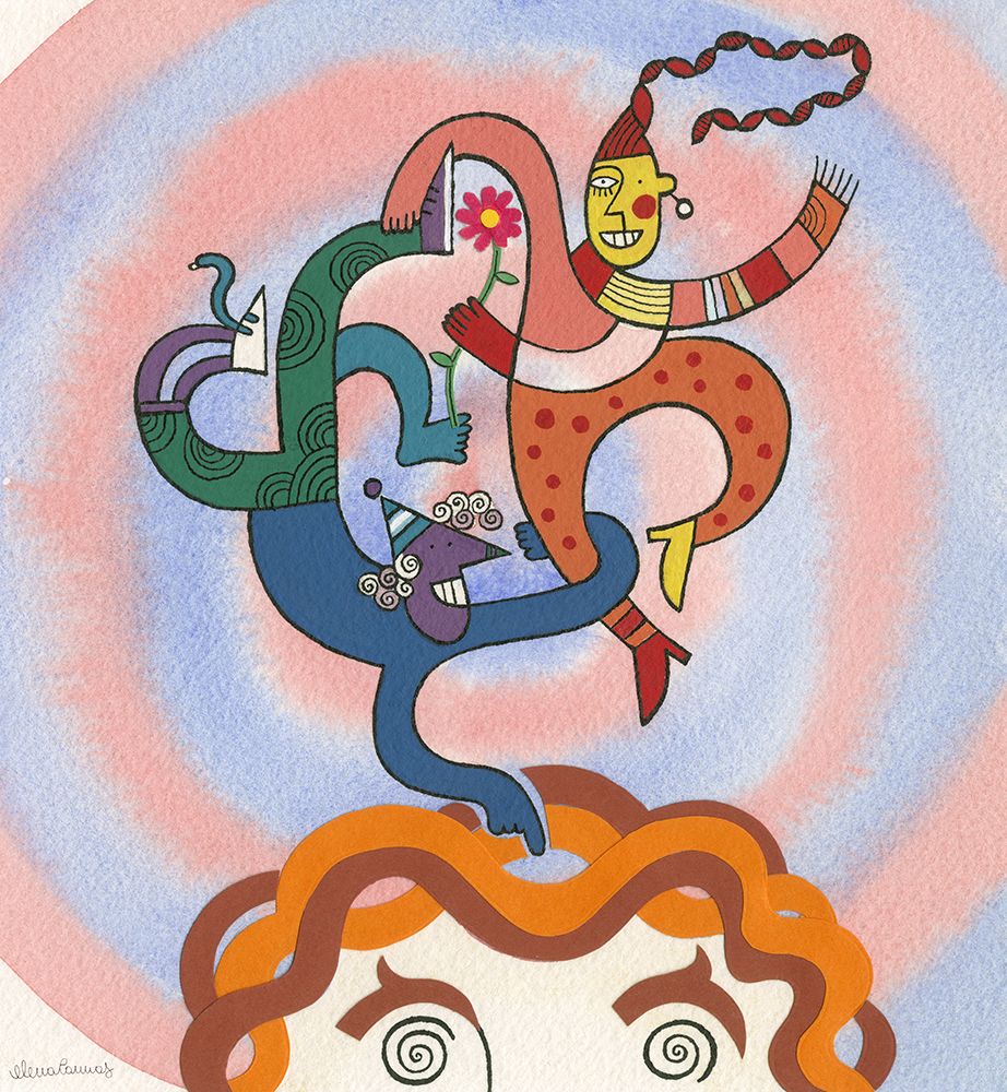 Blue and red Men Dancing on a Man Head art print by Elena Cannas for $57.95 CAD