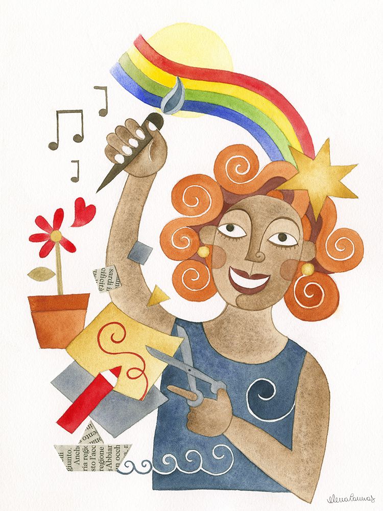 Multicoloured Lady Painting and Cutting Collages art print by Elena Cannas for $57.95 CAD