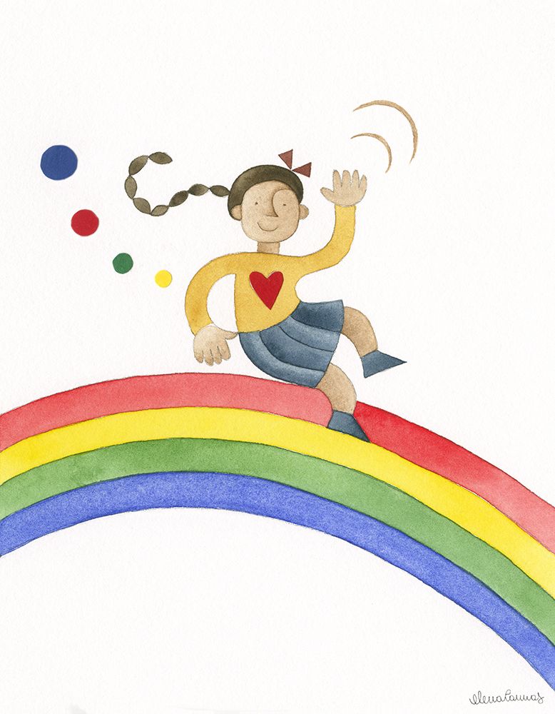 Long Bow Girl Gliding over the rainbow art print by Elena Cannas for $57.95 CAD