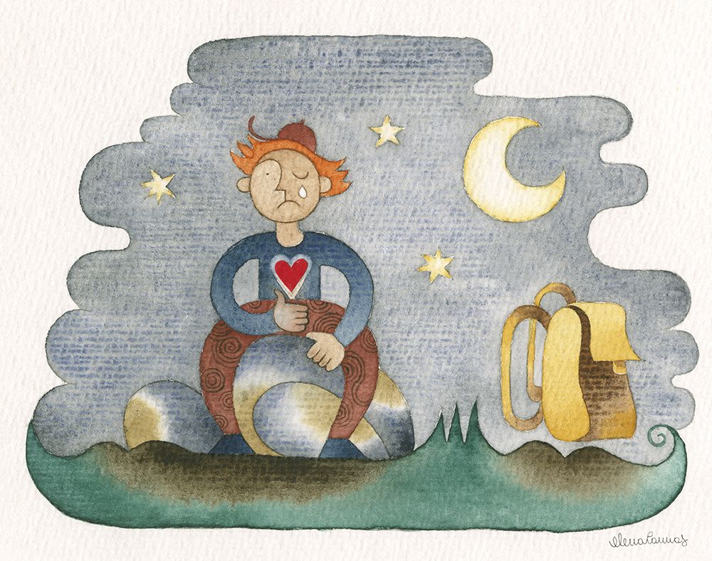 Crying boy with backpack under the Moon art print by Elena Cannas for $57.95 CAD