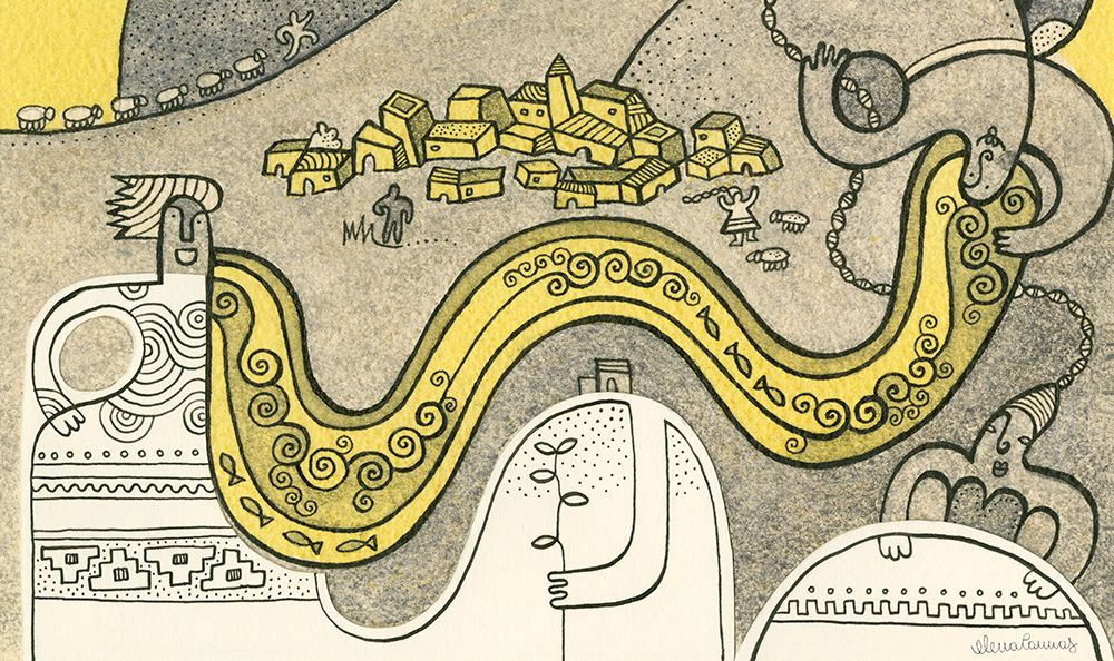 Yellow Village Road with Women art print by Elena Cannas for $57.95 CAD