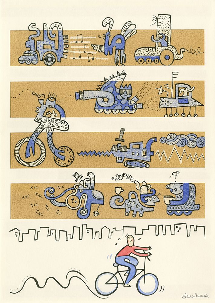 Man Riding a Bike in a Chaotic City art print by Elena Cannas for $57.95 CAD