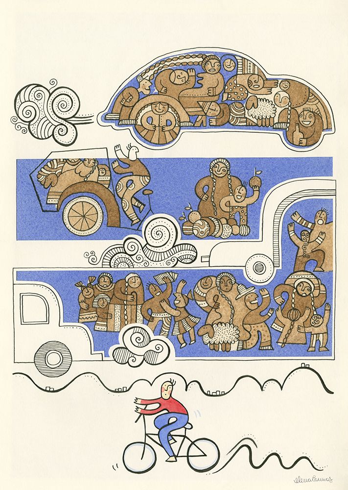 Street Scene with People Riding and Driving art print by Elena Cannas for $57.95 CAD