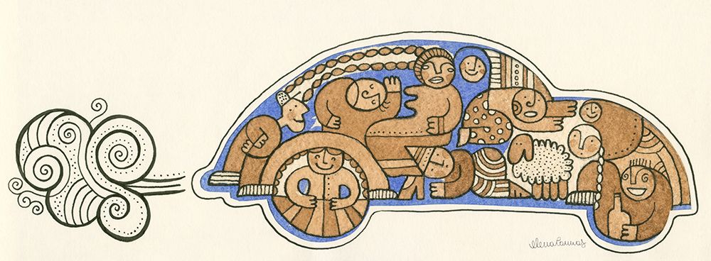 Crowded Car Carrying People and Animals art print by Elena Cannas for $57.95 CAD