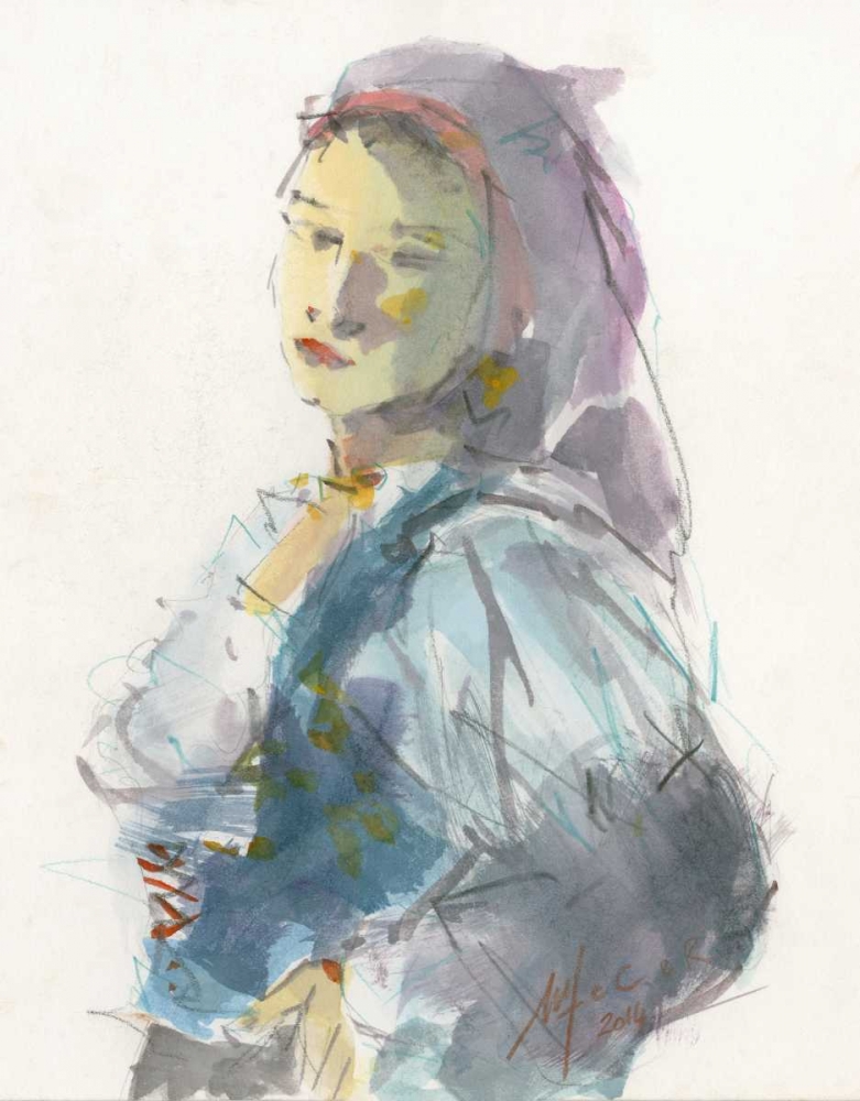 Woman with traditional Sardinian dress and lilac headdress art print by Maria Nella Fadda for $57.95 CAD