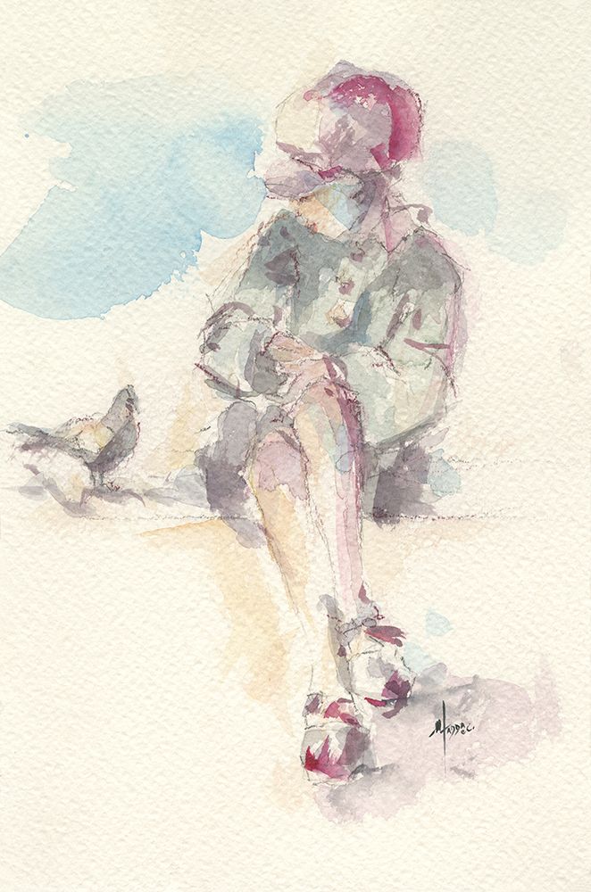 Sitting Girl with Pink Hat and a Bird art print by Maria Nella Fadda for $57.95 CAD