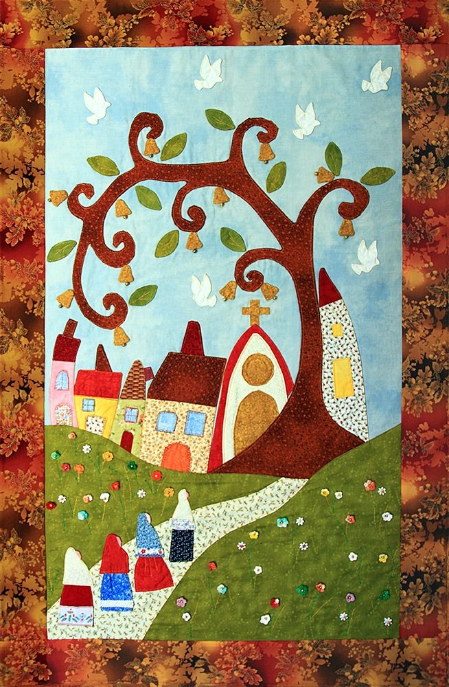 Country Patchwork with tree, church and houses art print by Anonymous for $57.95 CAD