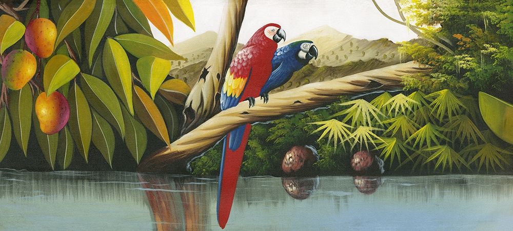 Parrots on a branch art print by anonymous for $57.95 CAD