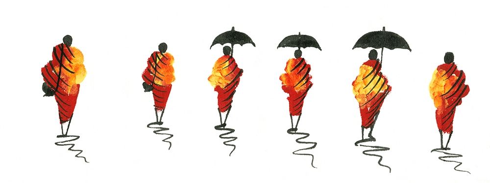 Six african men in orange clothes and umbrellas I art print by Anonymous for $57.95 CAD