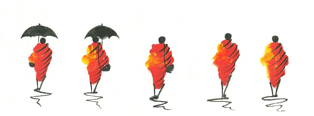 Six african men in orange clothes and umbrellas II art print by Anonymous for $57.95 CAD