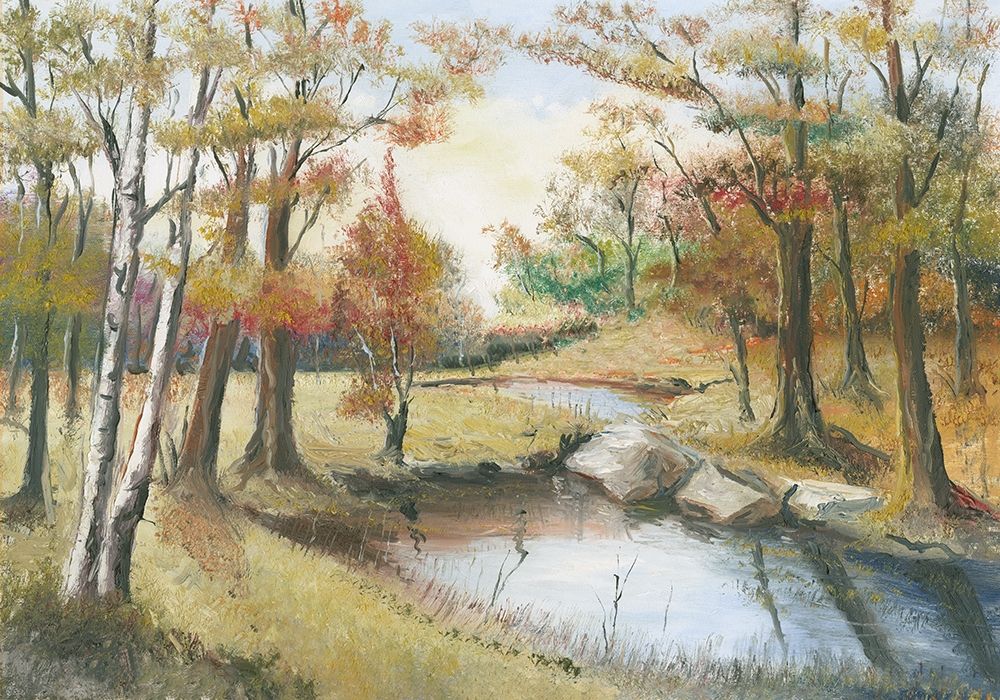 Forest with river in autumn art print by Anonymous for $57.95 CAD