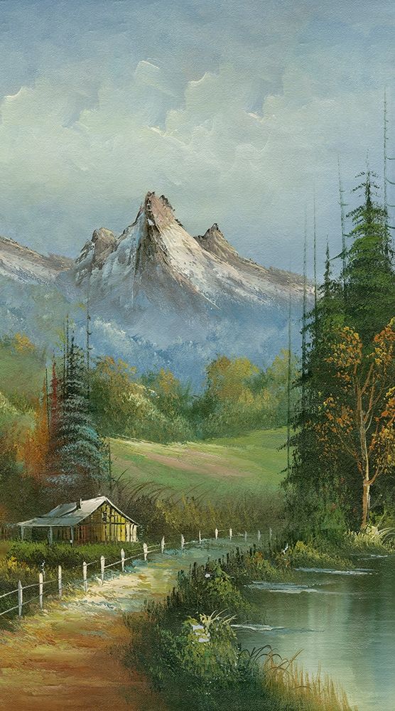 Mountain view with trees and house art print by Anonymous for $57.95 CAD