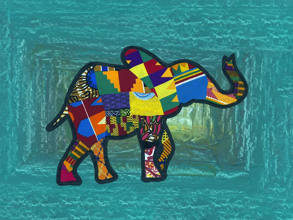 Multicoloured Elephant on Tourquoise Background art print by Anonymous for $57.95 CAD