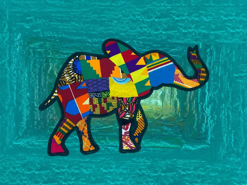 Multicoloured Elephant on Tourquoise art print by Anonymous for $57.95 CAD