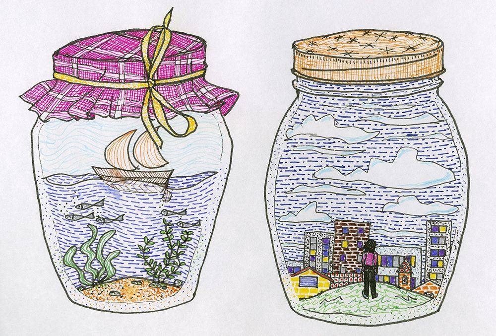 Glass Jars with Sea and City art print by Alessia Meloni for $57.95 CAD