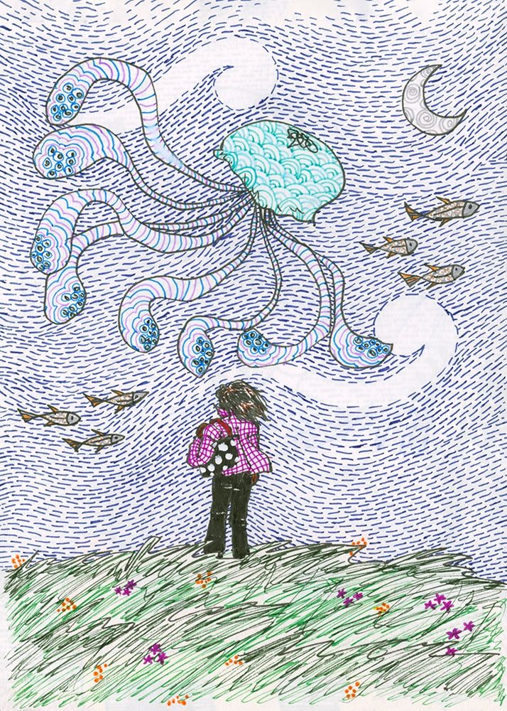 Jellyfish and fishes swimming in the sky art print by Alessia Meloni for $57.95 CAD