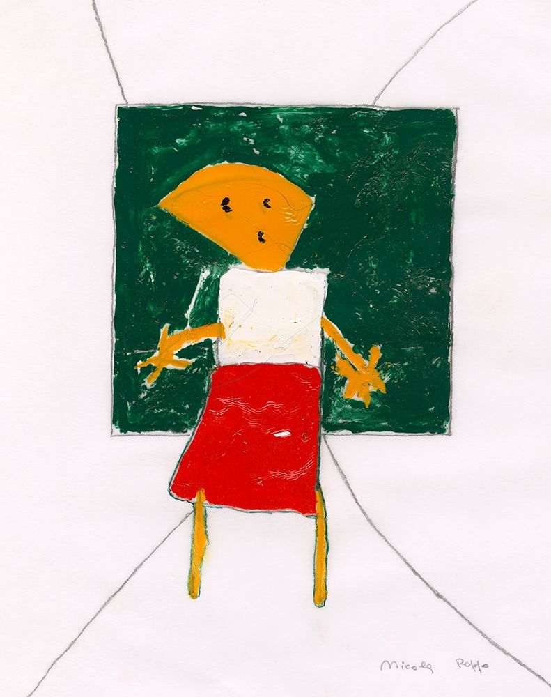 Little yellow girl with red skirt on green art print by Nicola Roppo for $57.95 CAD