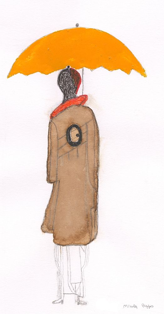 Men in a brown trench coat with yellow umbrella art print by Nicola Roppo for $57.95 CAD