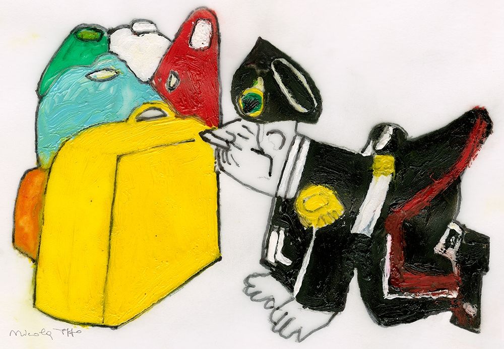 Policeman smelling multicoloured luggages art print by Nicola Roppo for $57.95 CAD