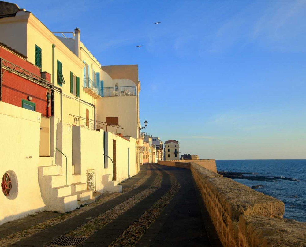Relaxing walk on Alghero Bastions with sea view and seagulls art print by Saiu Giovanni for $57.95 CAD