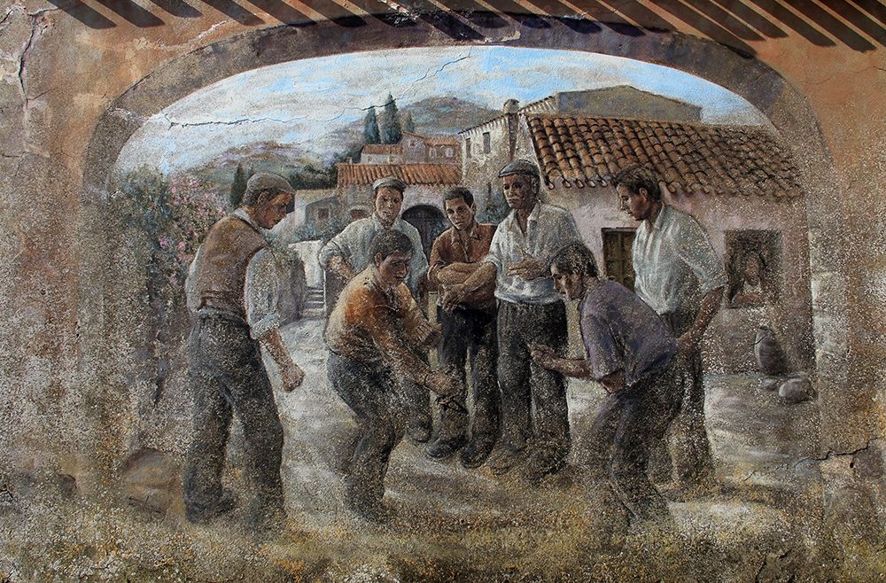 Murales men playing traditional sardinian gambling Morra art print by Giovanni Saiu for $57.95 CAD