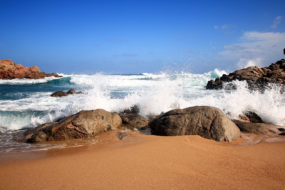 Stately Waves Crashing on red rocks art print by Giovanni Saiu for $57.95 CAD