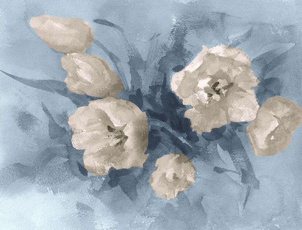 Tulips painting in blue-brown art print by E. Lipeikaite for $57.95 CAD