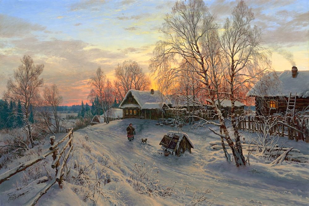 Winter evening in the village art print by Sergej Basov for $57.95 CAD