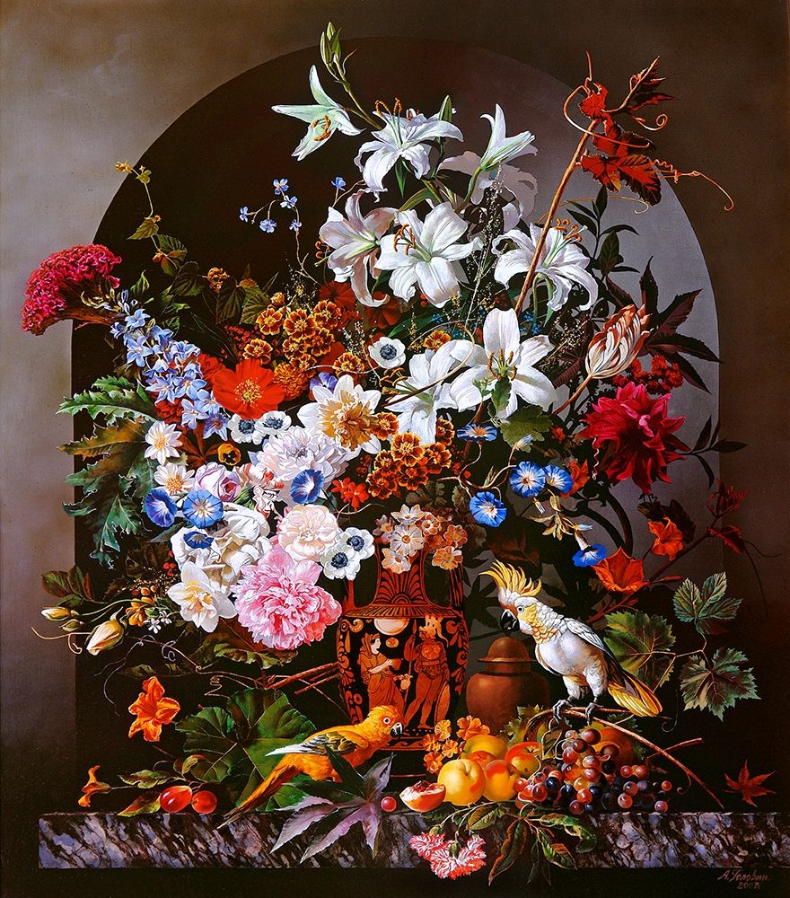 Still-life with parrots art print by Konstantin Golovin for $57.95 CAD