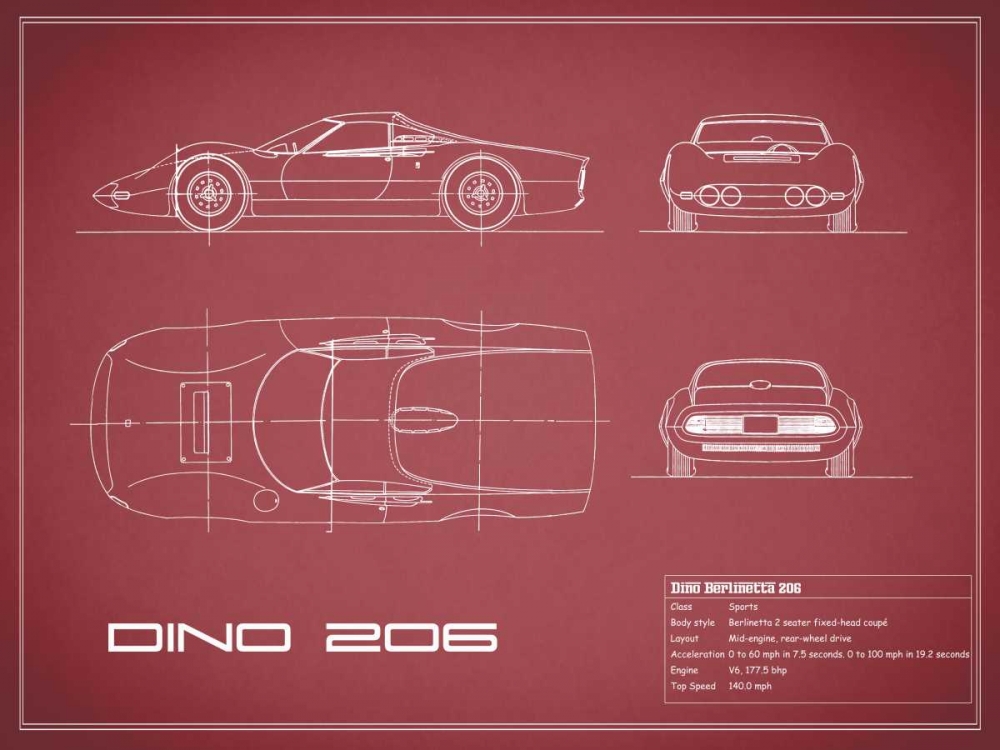 Ferrari Dino 206 1965-Maroon art print by Mark Rogan for $57.95 CAD
