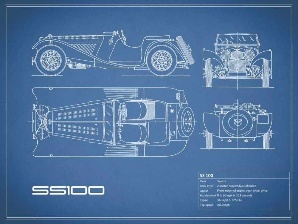 Jaguar SS-100-Blue art print by Mark Rogan for $57.95 CAD