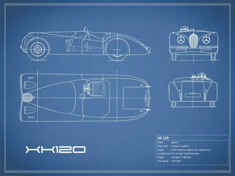 Jaguar XK-120-Blue art print by Mark Rogan for $57.95 CAD