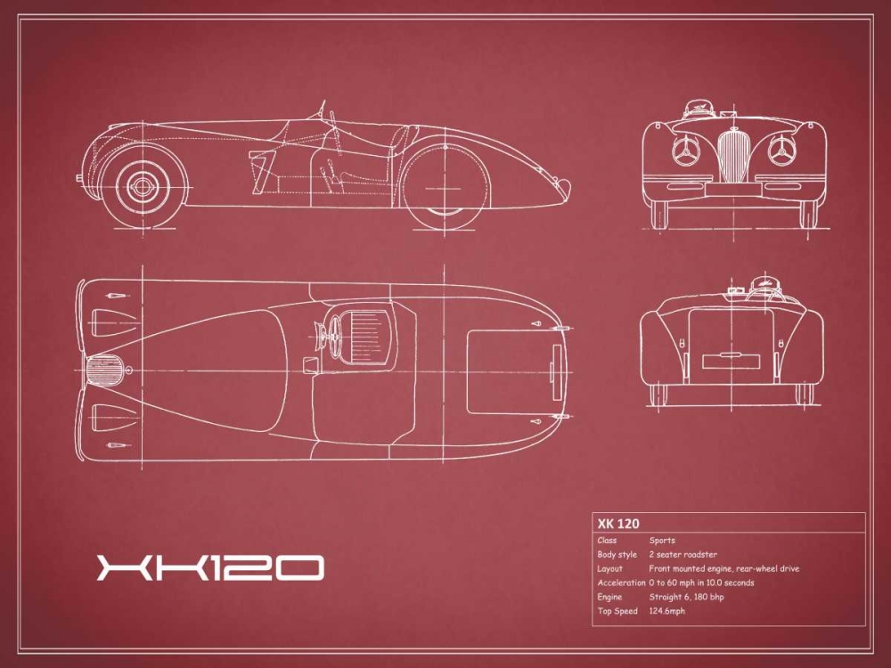 Jaguar XK-120-Maroon art print by Mark Rogan for $57.95 CAD