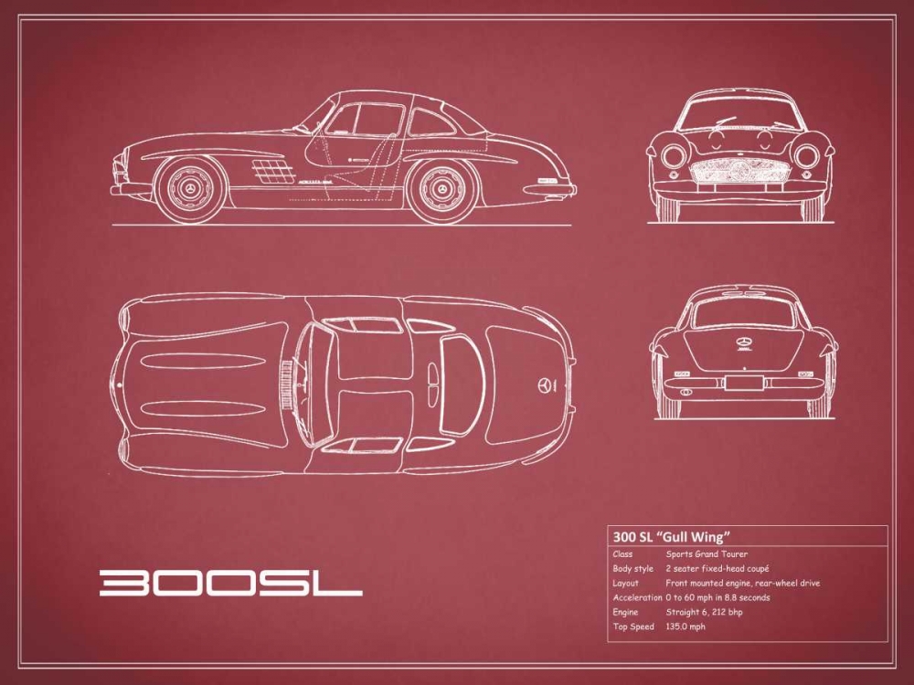 Mercedes 300SL Gullwing-Maroon art print by Mark Rogan for $57.95 CAD