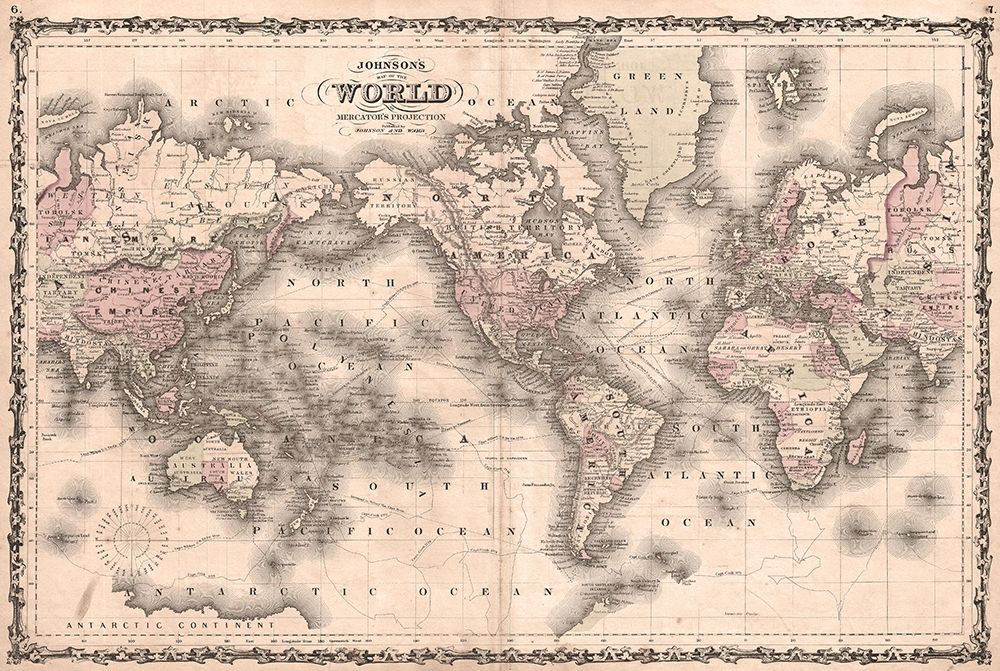 1862 Johnson Vintage Map of the World art print by Johnson for $57.95 CAD