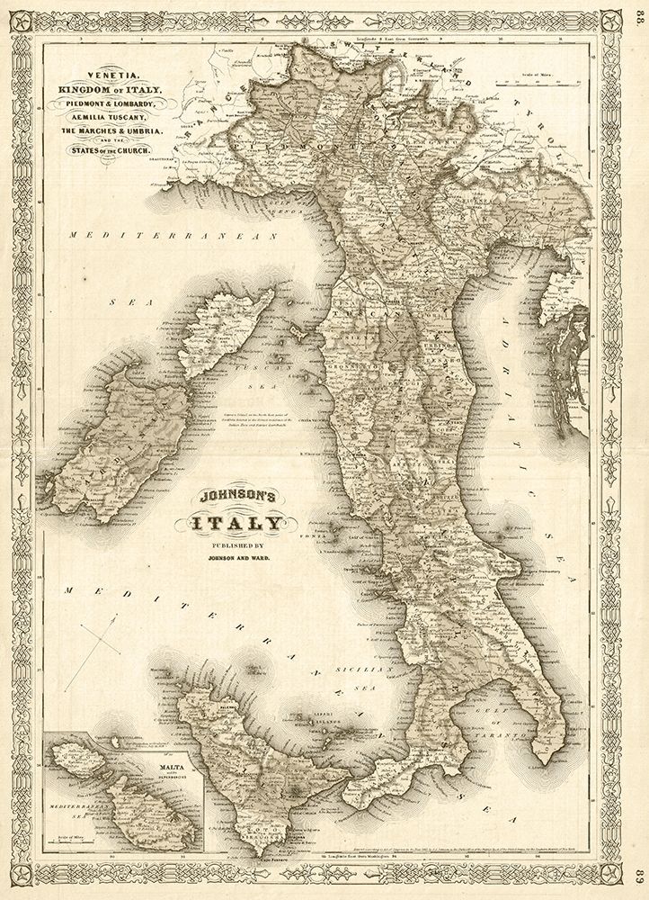 1866 Johnson Map of Italy Antiqued art print by Johnson for $57.95 CAD