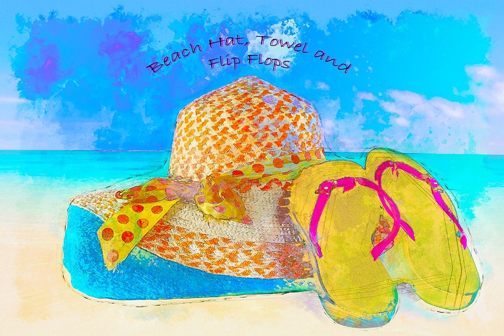 Beach Towel hat and flip flops art print by Ronald Bolokofsky for $57.95 CAD