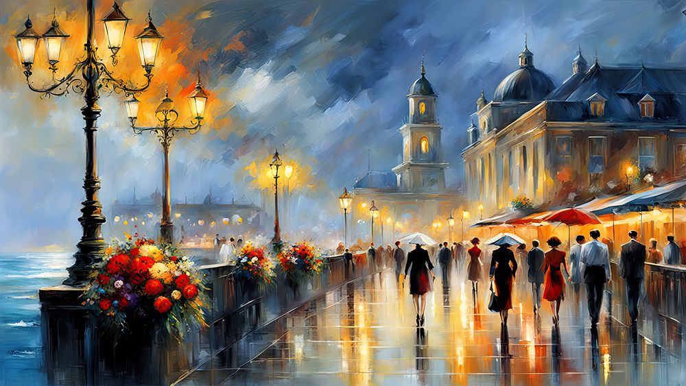 Rainy Night Along the Promenade art print by Ronald Bolokofsky for $57.95 CAD