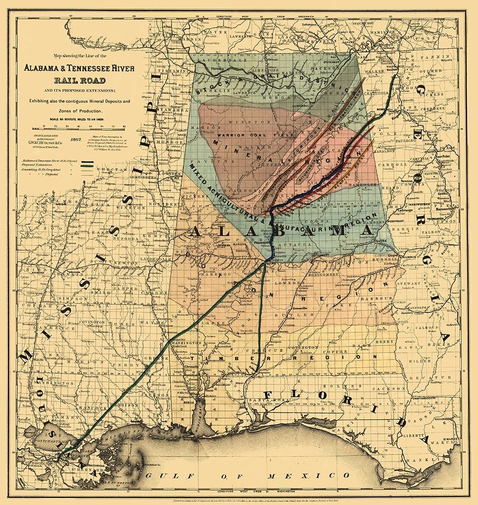 Alabama and Tennessee River Railroad - Colton 1867 art print by Colton for $57.95 CAD