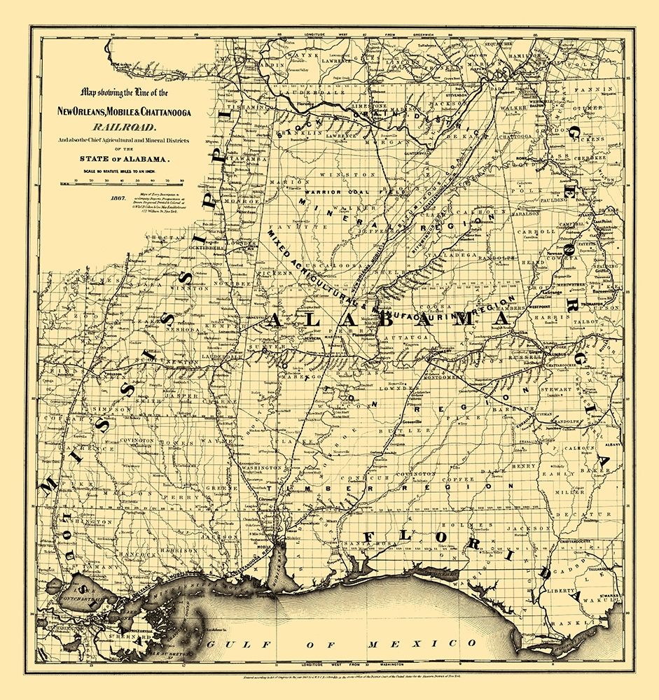 New Orleans, Mobile, Chattanooga Railroad 1867 art print by Colton for $57.95 CAD