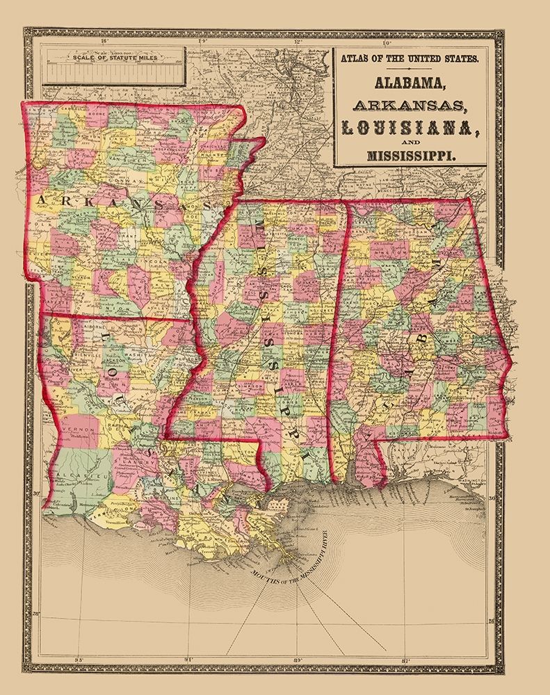 Alabama, Arkansas, Louisiana, Mississippi 1873 art print by Stedman for $57.95 CAD