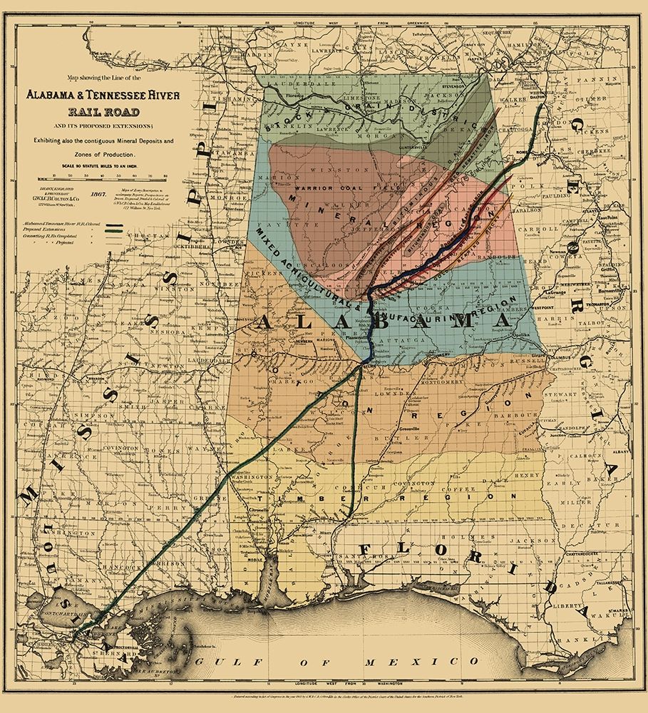 Alabama and Tennessee River Railroad - Colton 1865 art print by Colton for $57.95 CAD