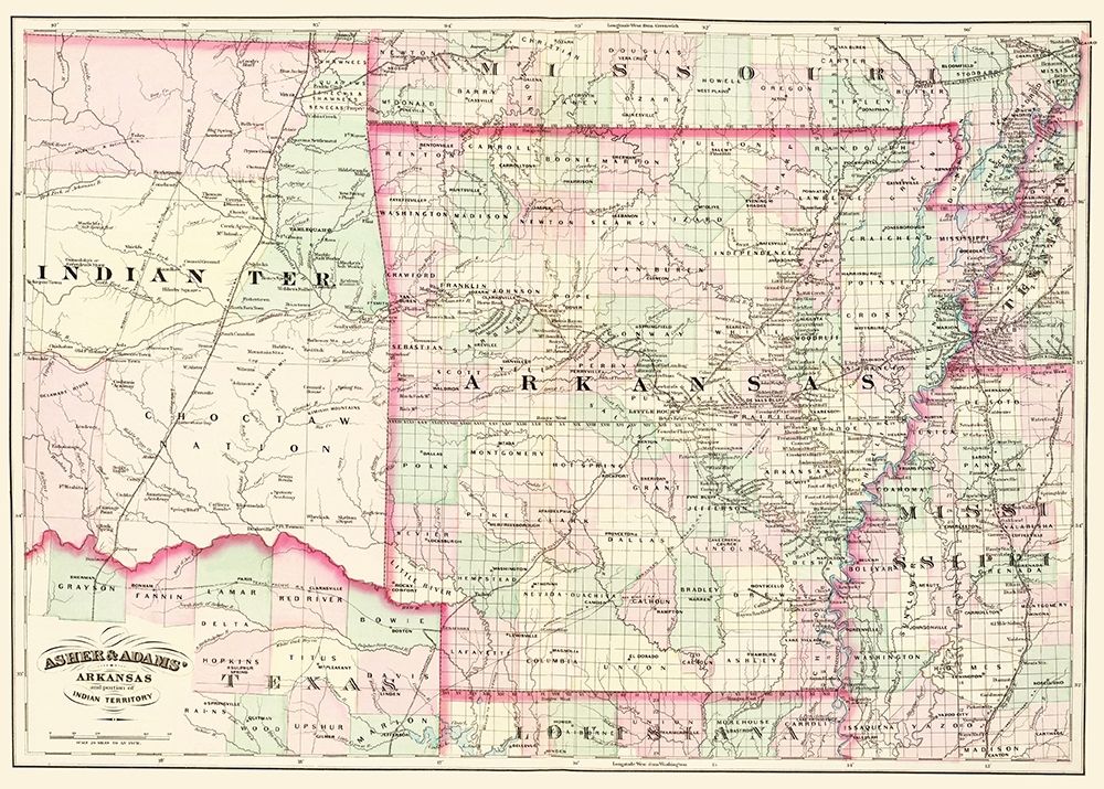 Arkansas, Indian Territory - Asher  1874 art print by Asher for $57.95 CAD