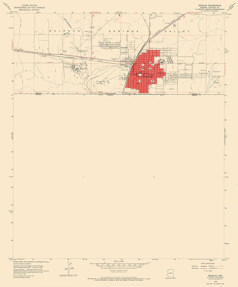 Douglas Arizona Quad - USGS 1958 art print by USGS for $57.95 CAD