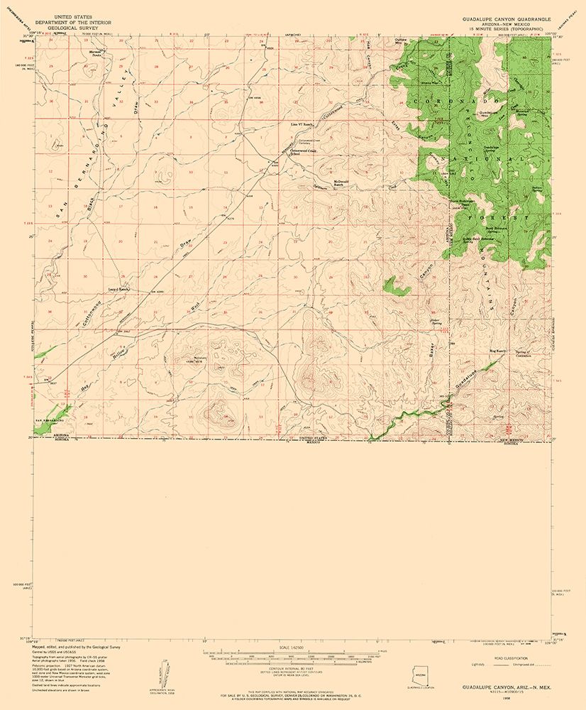 Guadalupe Canyon Arizona Quad - USGS 1958 art print by USGS for $57.95 CAD