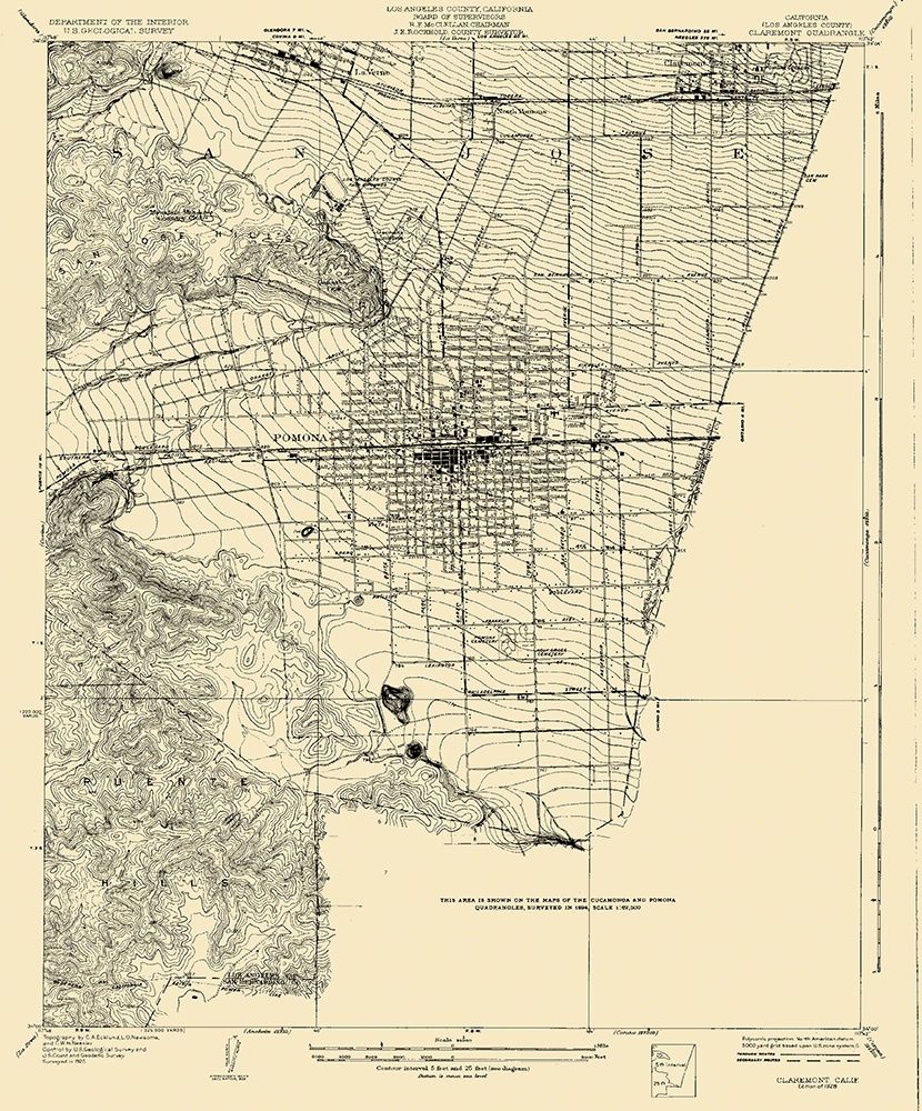 Claremont California Quad - USGS 1928 art print by USGS for $57.95 CAD