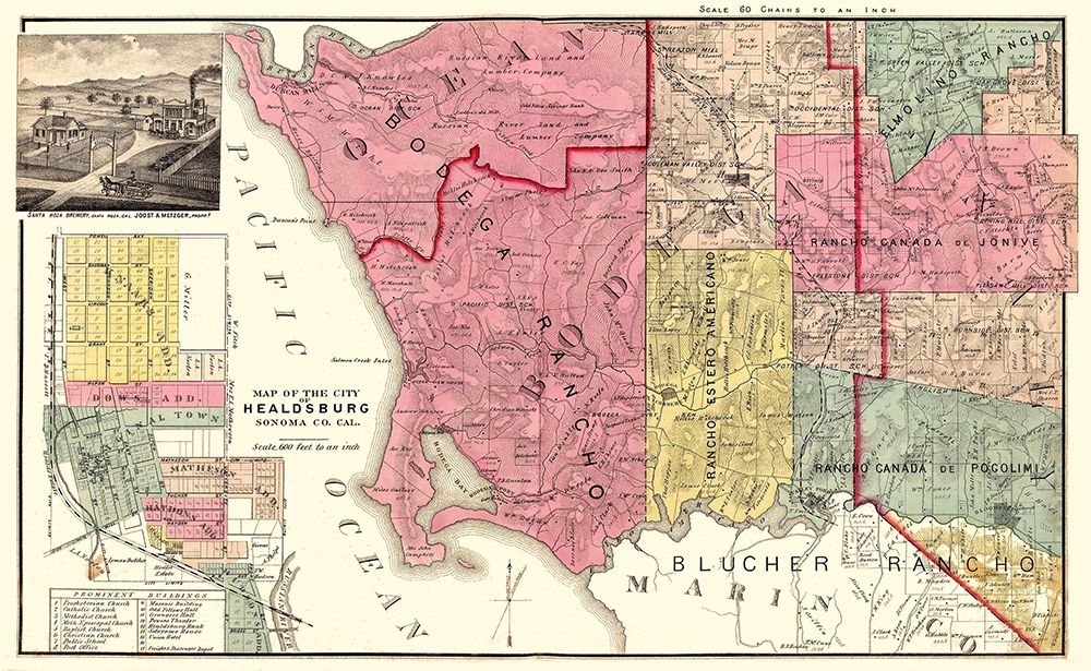 Healdsburg California Landowner - Thompson 1877 art print by Thompson for $57.95 CAD