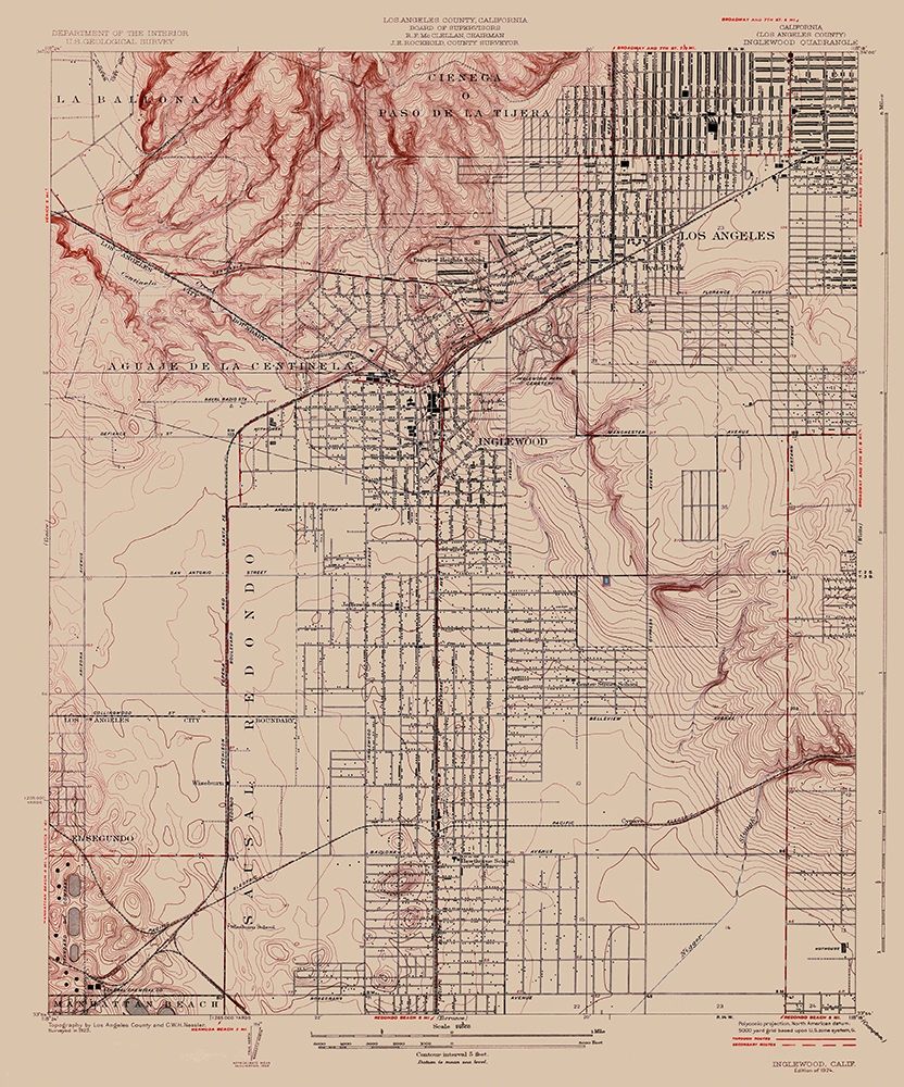 Inglewood California Quad - USGS 1924 art print by USGS for $57.95 CAD