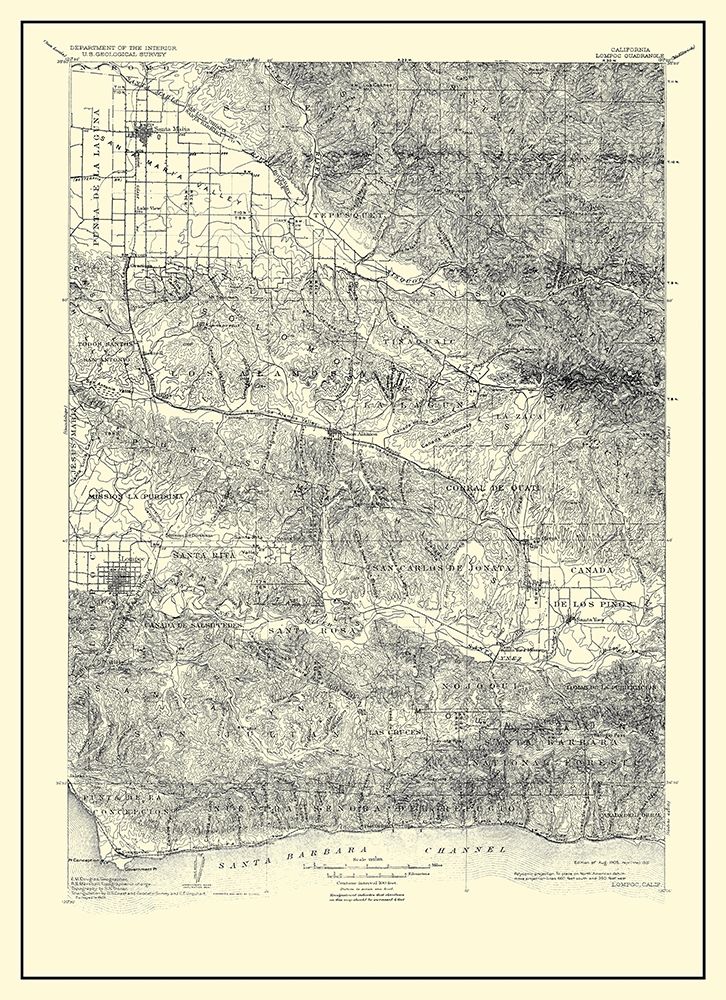 Lompoc California Quad - USGS 1905 art print by USGS for $57.95 CAD